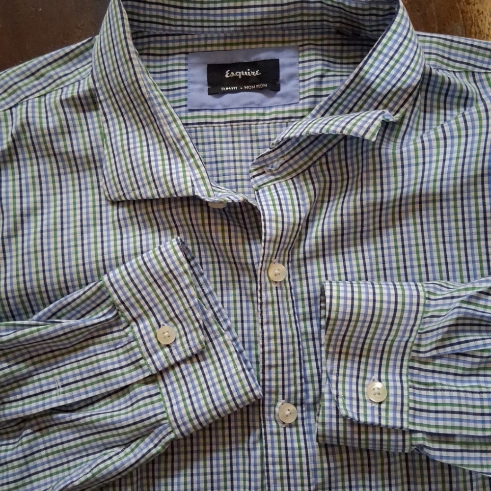 Esquire slim fit checkered print long sleeve button-up men's dress shirt